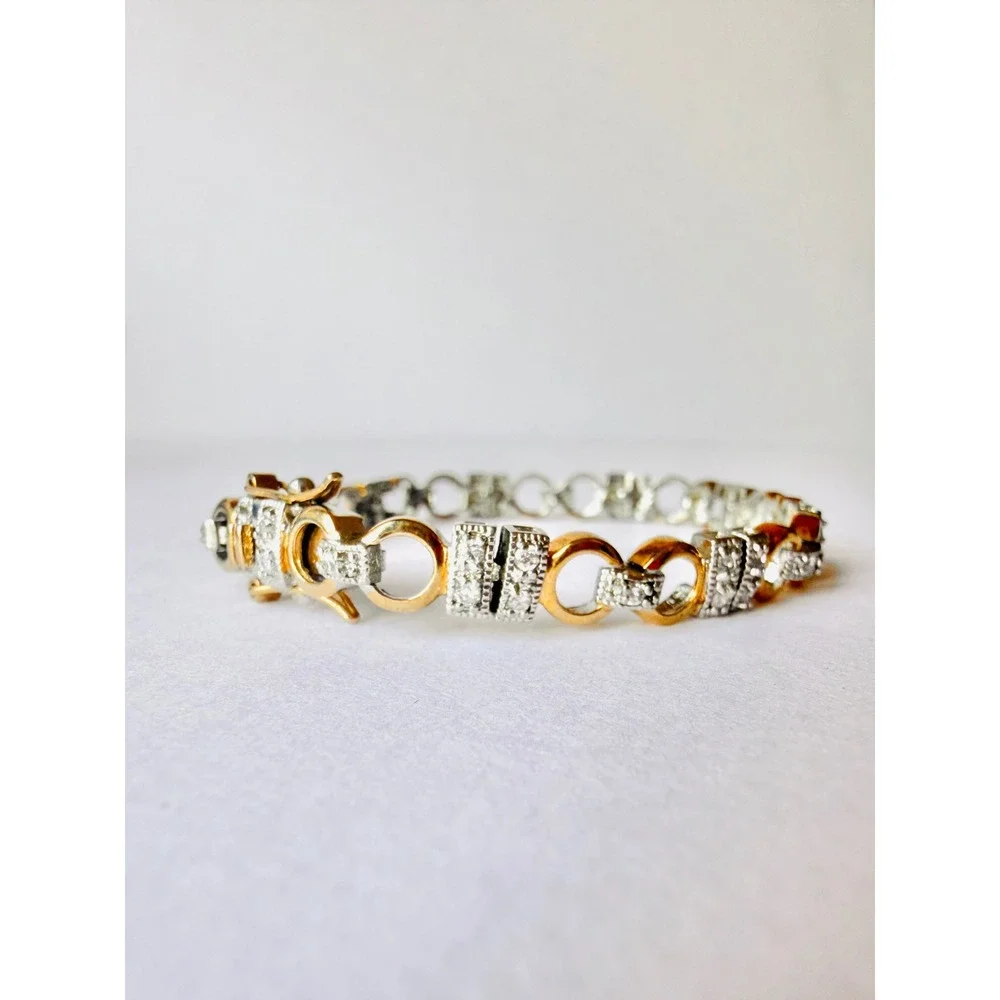Sterling Silver 925 Two Tone Gold Plated Pave Stone Link Bracelet 7.5